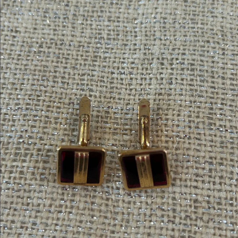 Vintage SWANK Square Gold Tone and Ruby Red Glass Cufflinks, 10K R.G.P.